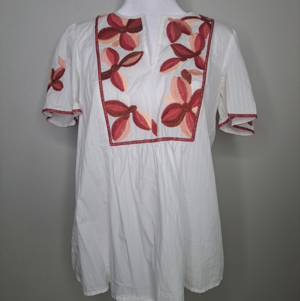 Madewell Women's Ivory Embroidered V-neck Short Sleeve Blouse Size Small Boho - Picture 6 of 16